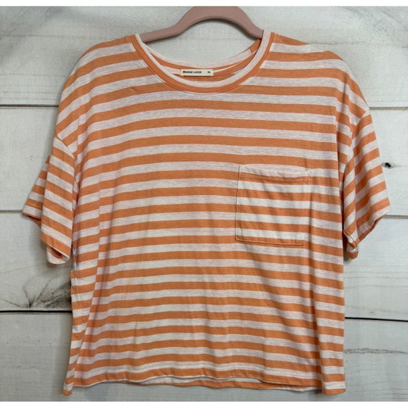 Marine Layer Tops - Marine Layer Womens XL Orange White Striped Short Sleeve Pocket Tee Shirt